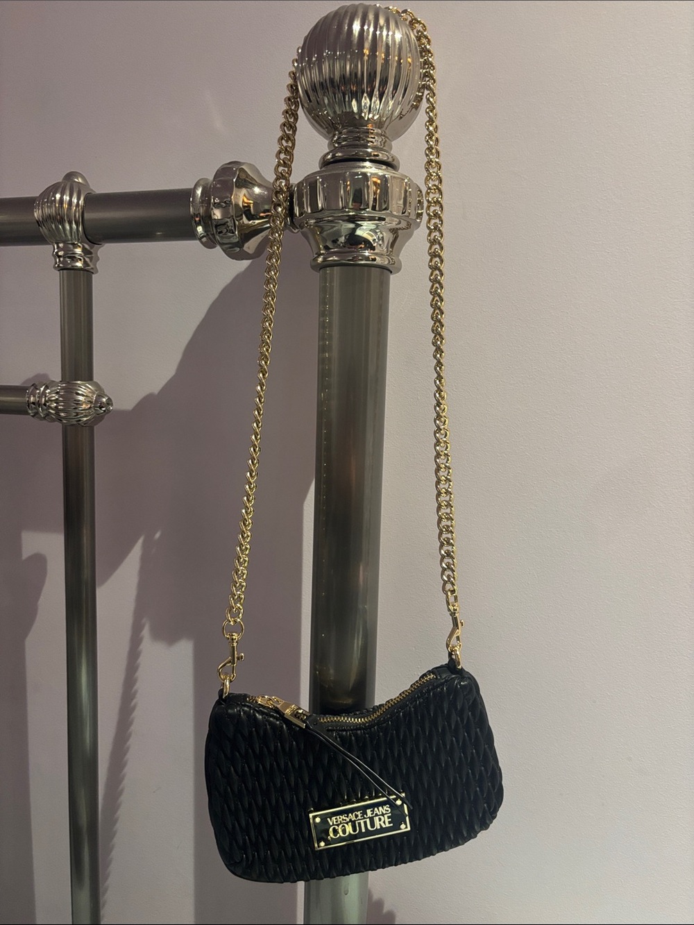 Versace Jeans Collection Black Quilted Crossbody with Gold Chain